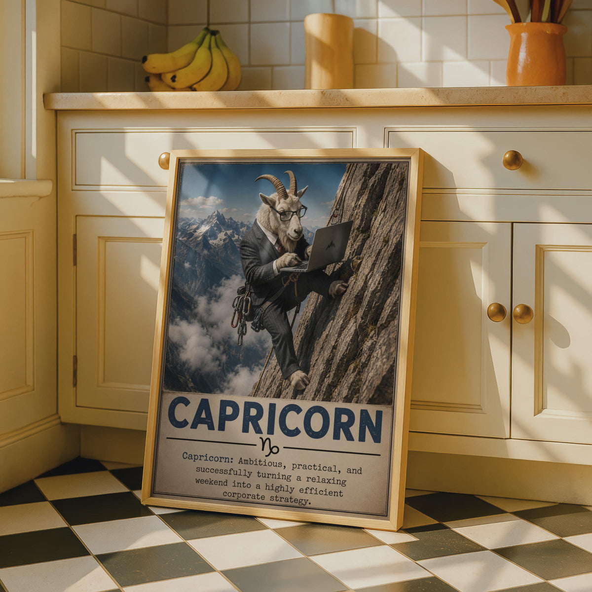 Capricorn Zodiac Poster, Funny Goat in Suit Climbing Mountain, Office Home Decor Print