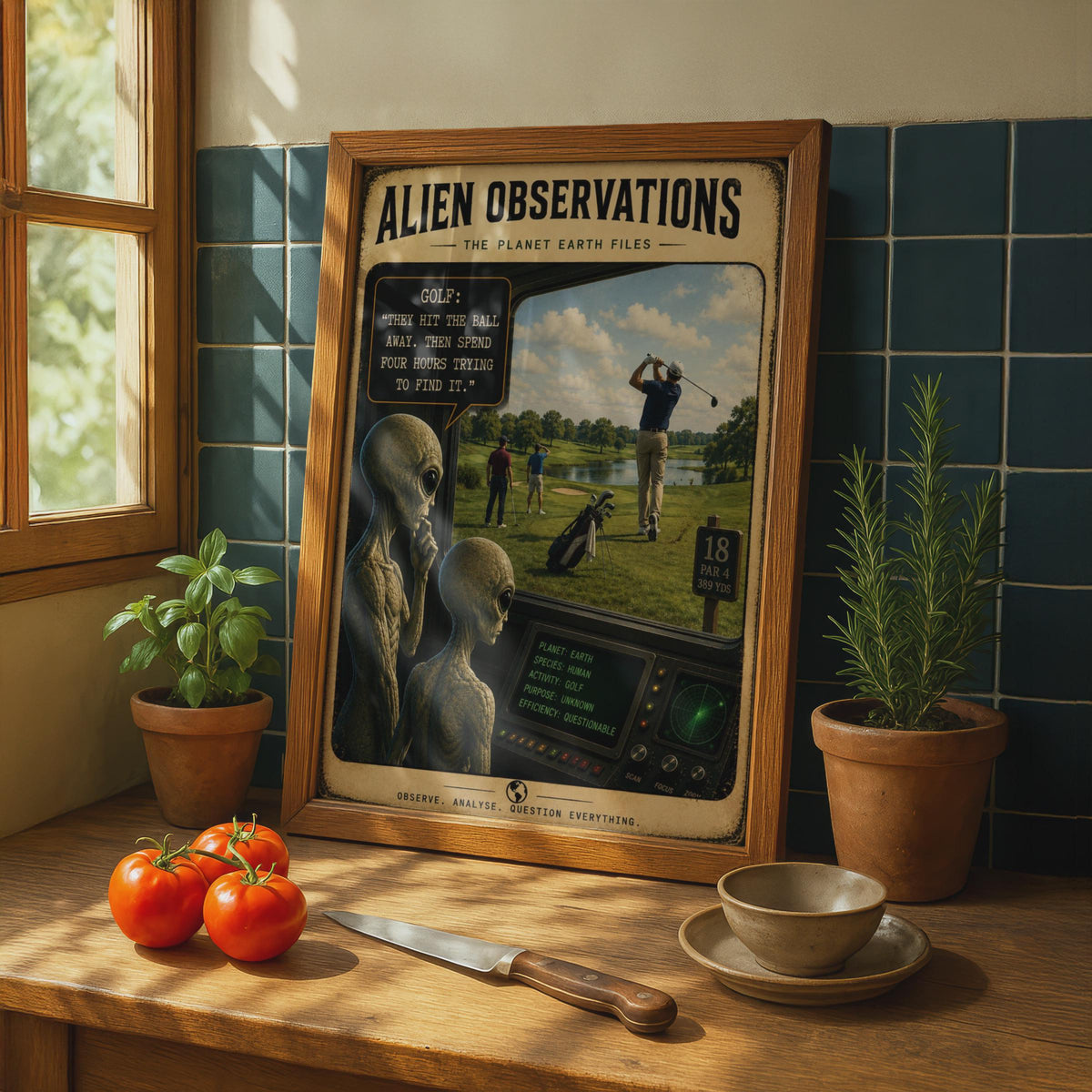 Alien Observations Golf Poster, Retro Sci-Fi Humor Wall Art (Print)