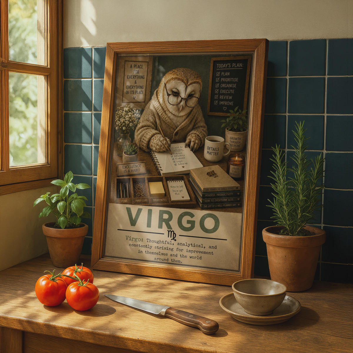 Virgo Zodiac Owl Poster, Vintage Style Desk Decor, Organized Personality Art Print