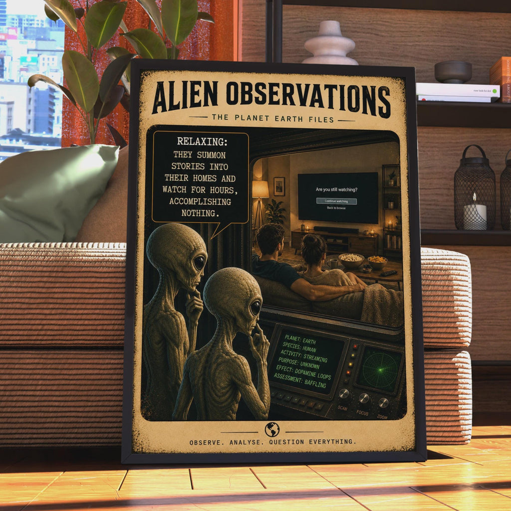 Alien Observations Streaming Poster, Sci-Fi Comedy Wall Art, Retro Living Room Decor