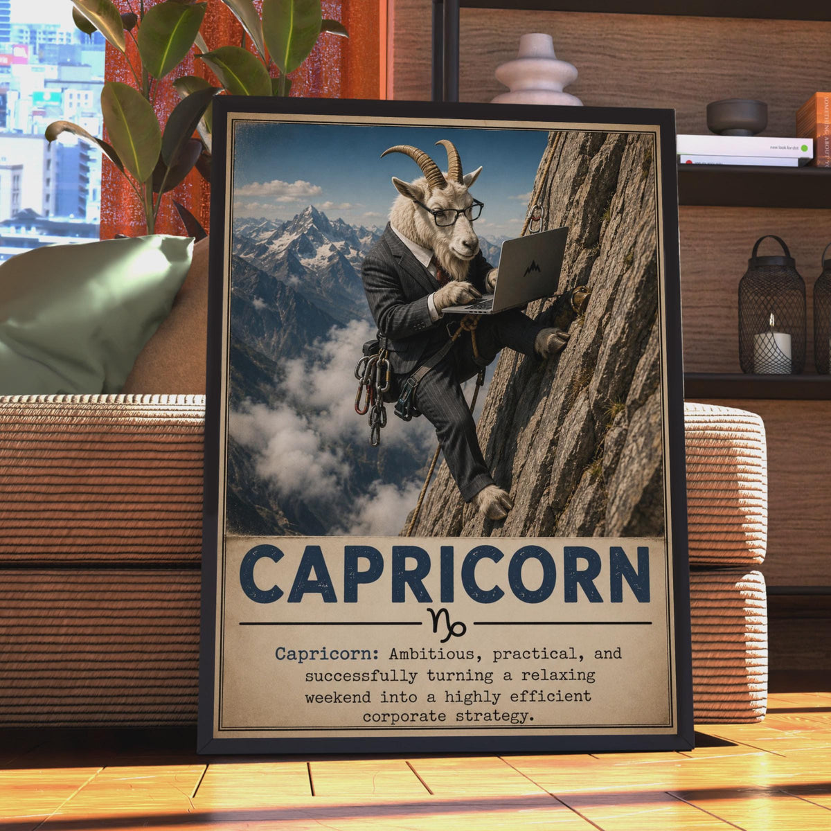 Capricorn Zodiac Poster, Funny Goat in Suit Climbing Mountain, Office Home Decor Print