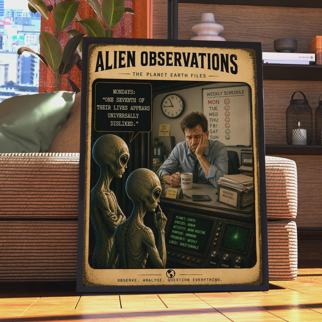 Alien Observations Monday Humor Poster, Retro Sci-Fi Office Wall Art (Print)