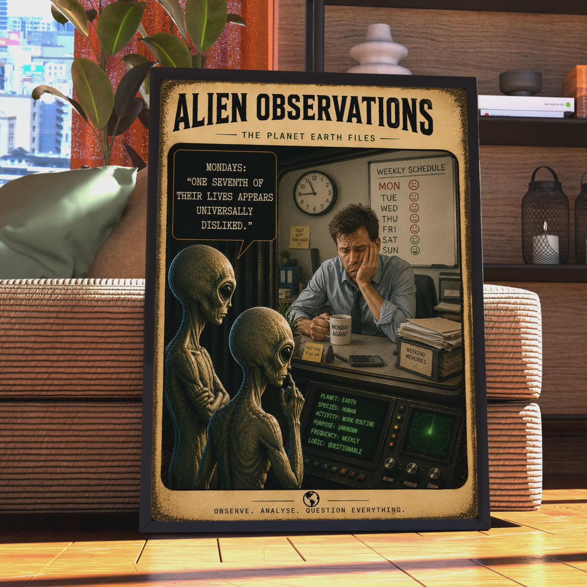 Alien Observations Monday Humor Poster, Retro Sci-Fi Office Wall Art (Print)