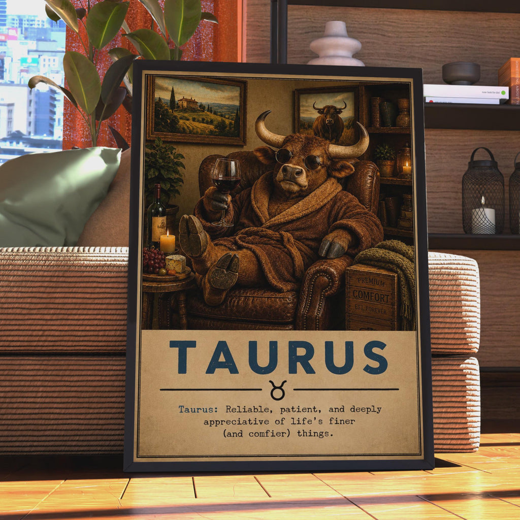 Taurus Zodiac Poster, Funny Bull in Armchair, Astrology Wall Art (Print)