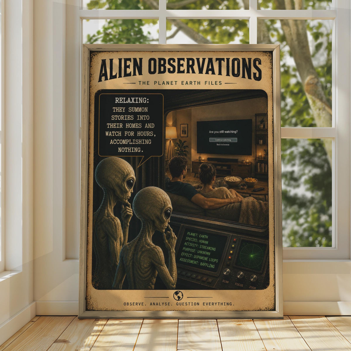 Alien Observations Streaming Poster, Sci-Fi Comedy Wall Art, Retro Living Room Decor