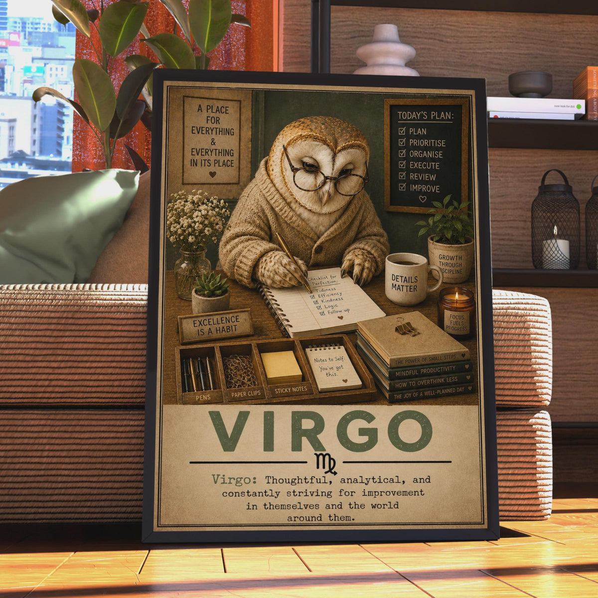 Virgo Zodiac Owl Poster, Vintage Style Desk Decor, Organized Personality Art Print