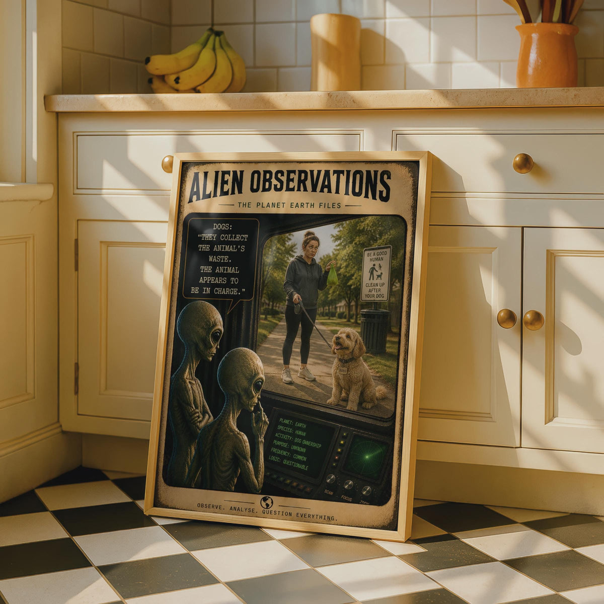 Alien Observations Dog Walking Poster, Sci-Fi Comedy Wall Art (Print)