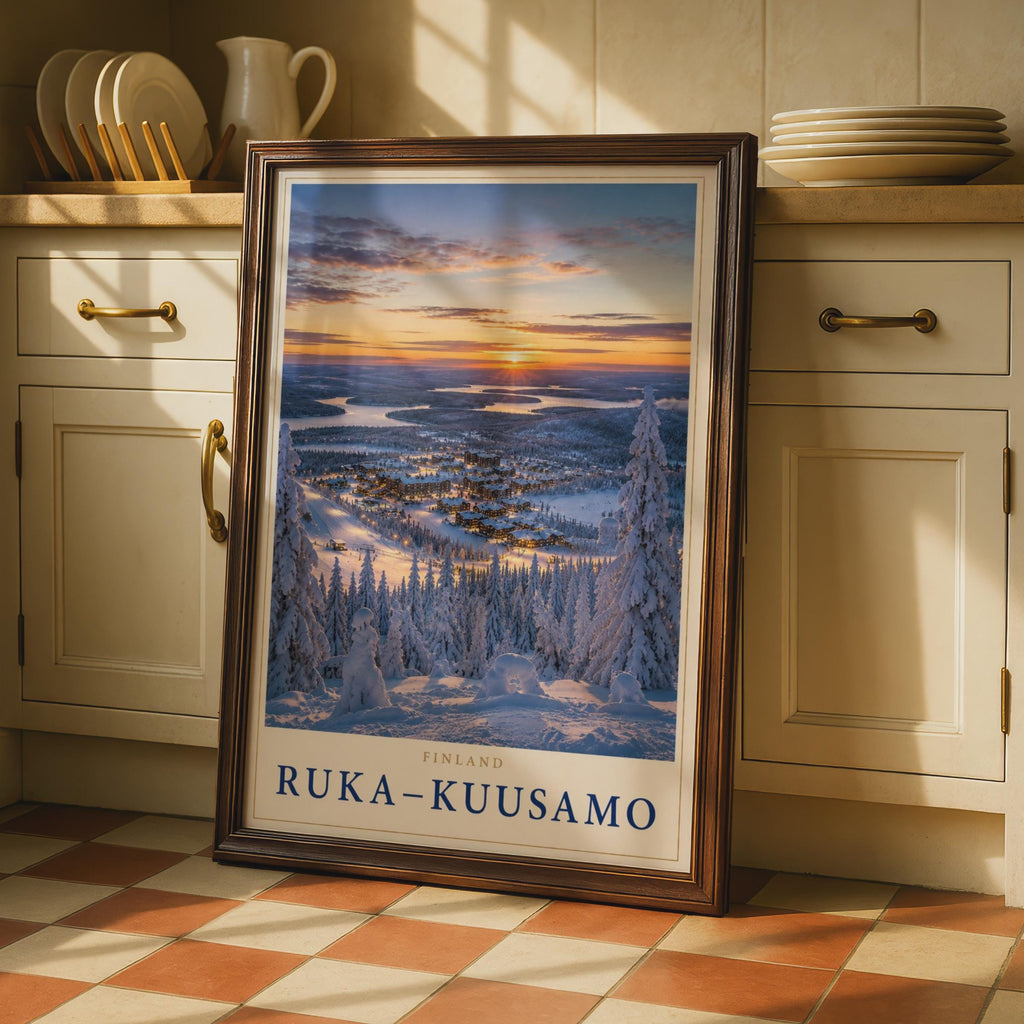 Ruka-Kuusamo Finland Winter Ski Resort Poster, Lapland Snow Sunset Travel Art (Print)