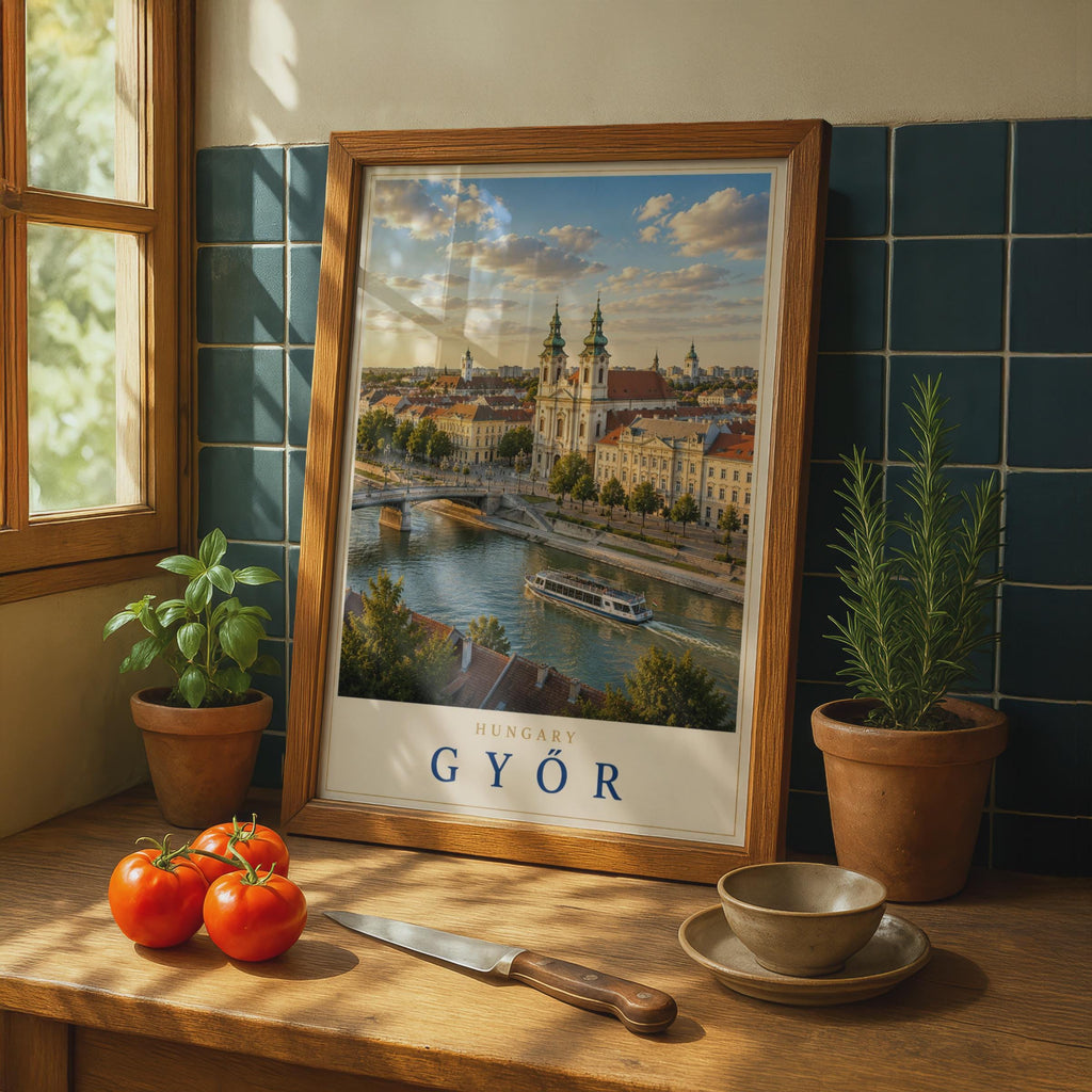 Gyor Hungary Travel Poster, Baroque Church, River Cityscape Art Print