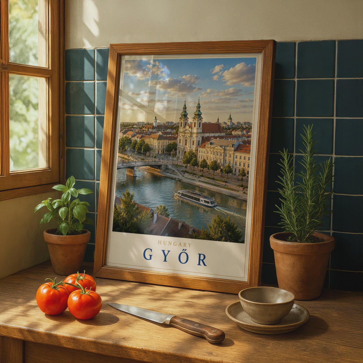 Gyor Hungary Travel Poster, Baroque Church, River Cityscape Art Print