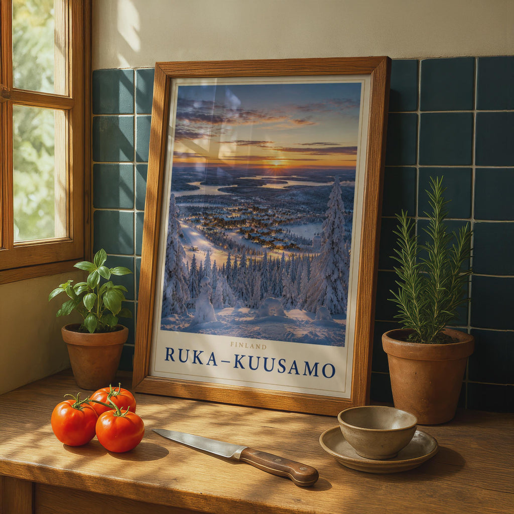 Ruka-Kuusamo Finland Winter Ski Resort Poster, Lapland Snow Sunset Travel Art (Print)