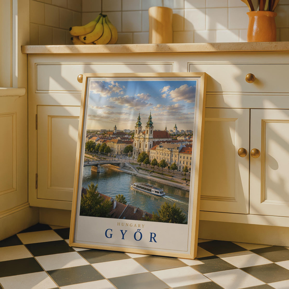 Gyor Hungary Travel Poster, Baroque Church, River Cityscape Art Print