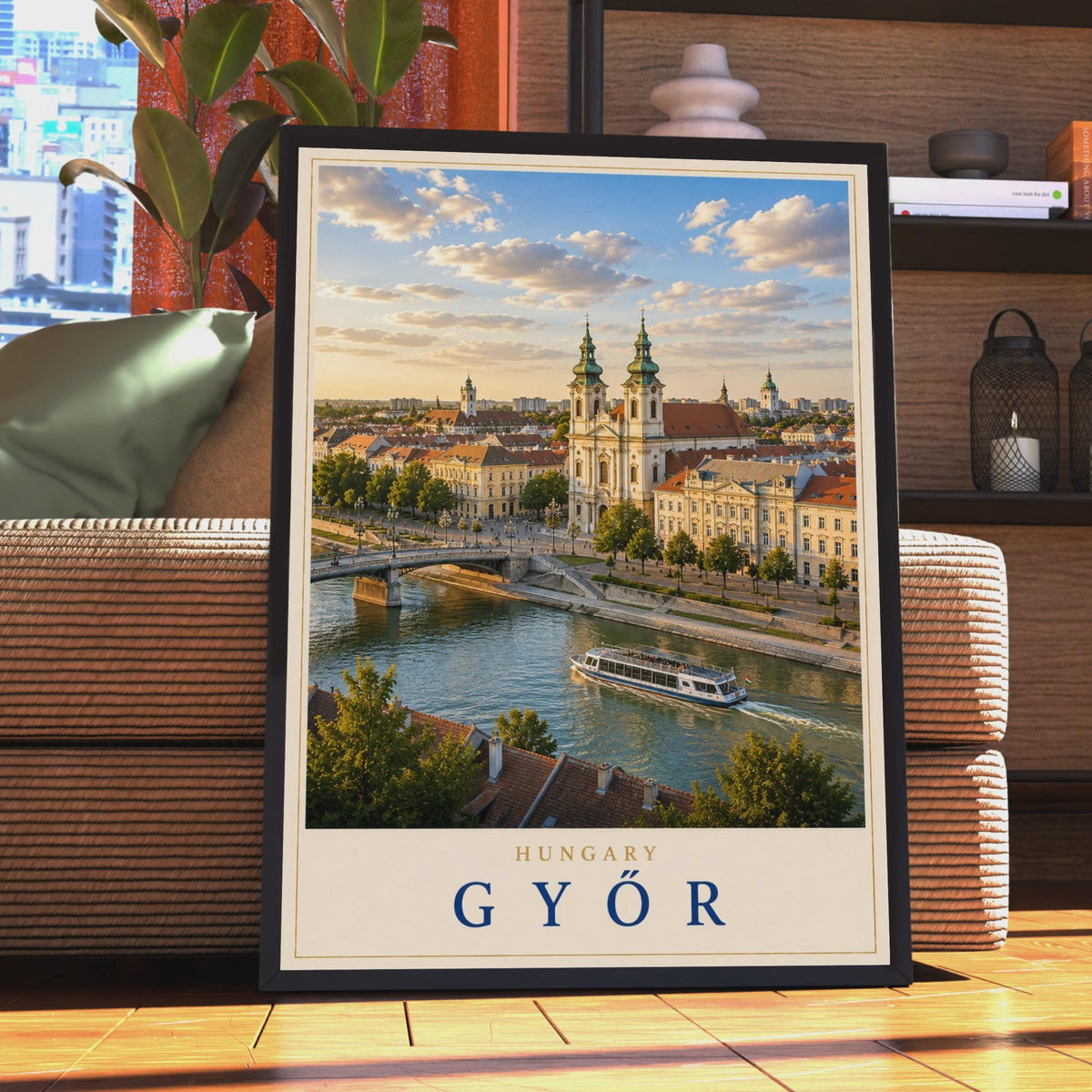 Gyor Hungary Travel Poster, Baroque Church, River Cityscape Art Print