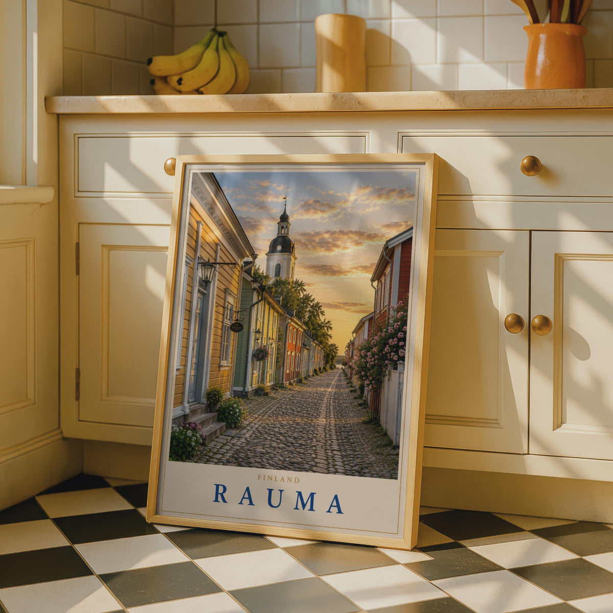 Rauma Finland Travel Poster, Old Town Cobblestone Street, Scandinavian Wall Art (Print)