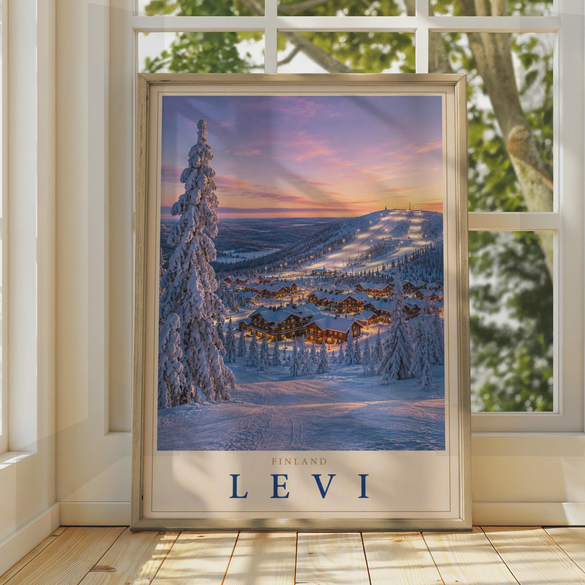 Levi Finland Ski Resort Sunset Poster, Lapland Snow Scene, Nordic Travel Art Print