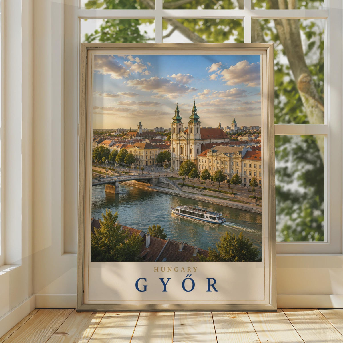 Gyor Hungary Travel Poster, Baroque Church, River Cityscape Art Print