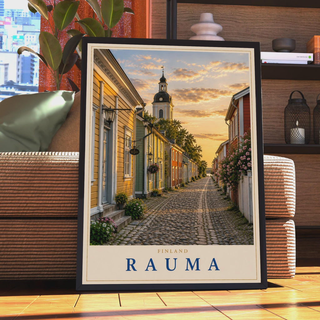 Rauma Finland Travel Poster, Old Town Cobblestone Street, Scandinavian Wall Art (Print)