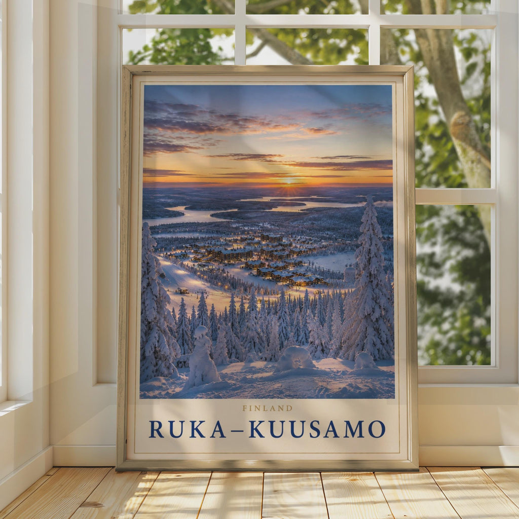 Ruka-Kuusamo Finland Winter Ski Resort Poster, Lapland Snow Sunset Travel Art (Print)