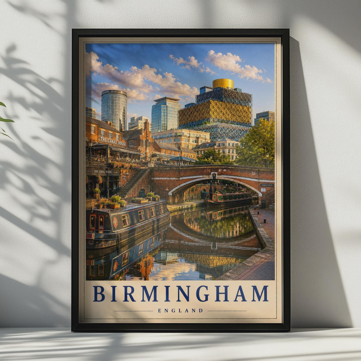 Birmingham England Travel Poster, Canal Quarter Narrowboat, Library of Birmingham (Print)