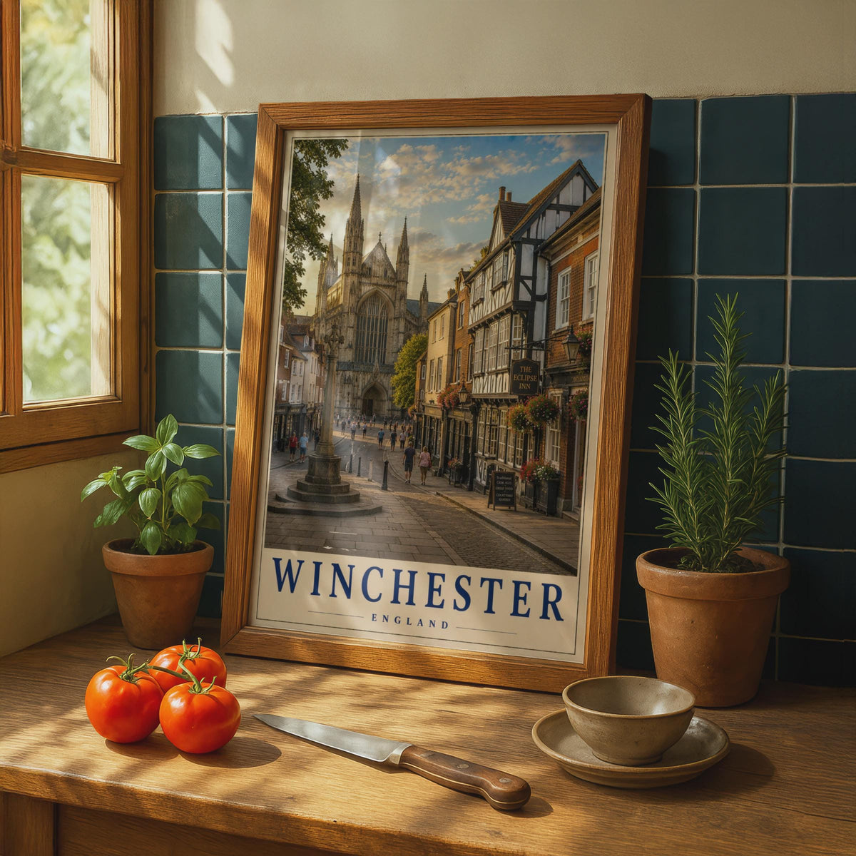 Winchester England Travel Poster, Cathedral Street Scene, Hampshire Wall Art (Print)