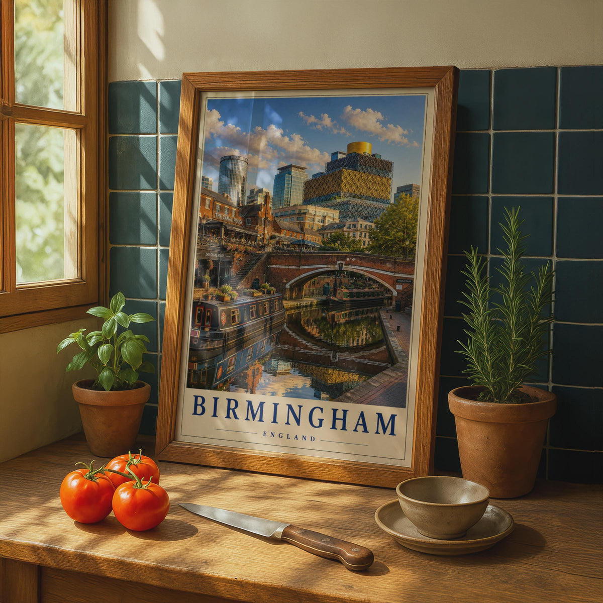Birmingham England Travel Poster, Canal Quarter Narrowboat, Library of Birmingham (Print)