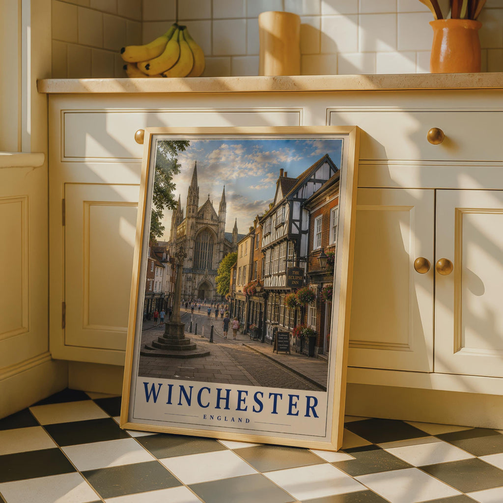 Winchester England Travel Poster, Cathedral Street Scene, Hampshire Wall Art (Print)