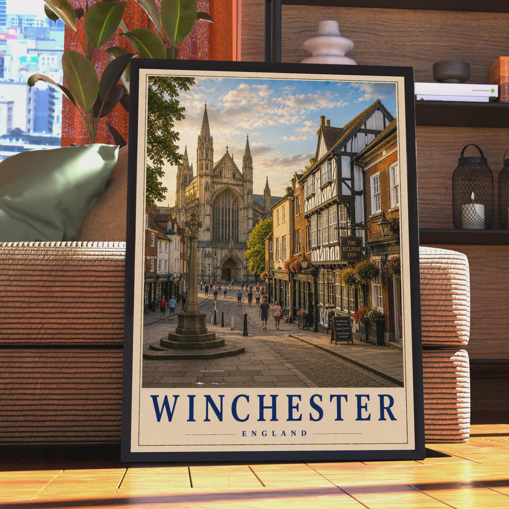 Winchester England Travel Poster, Cathedral Street Scene, Hampshire Wall Art (Print)