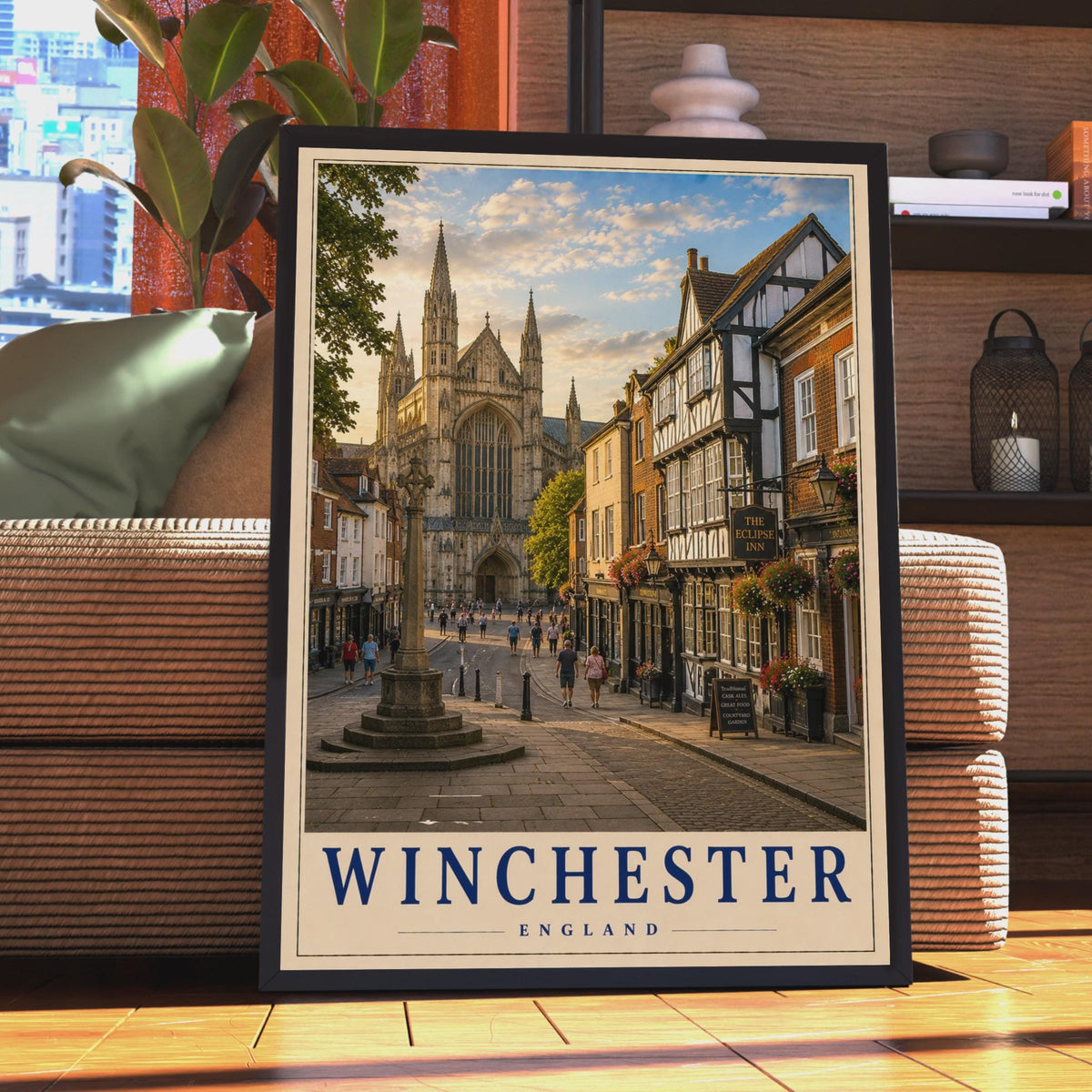 Winchester England Travel Poster, Cathedral Street Scene, Hampshire Wall Art (Print)