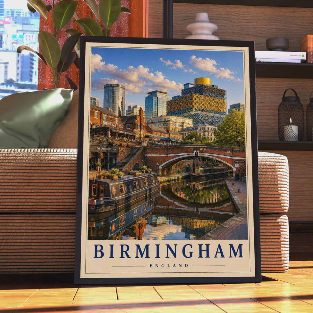 Birmingham England Travel Poster, Canal Quarter Narrowboat, Library of Birmingham (Print)