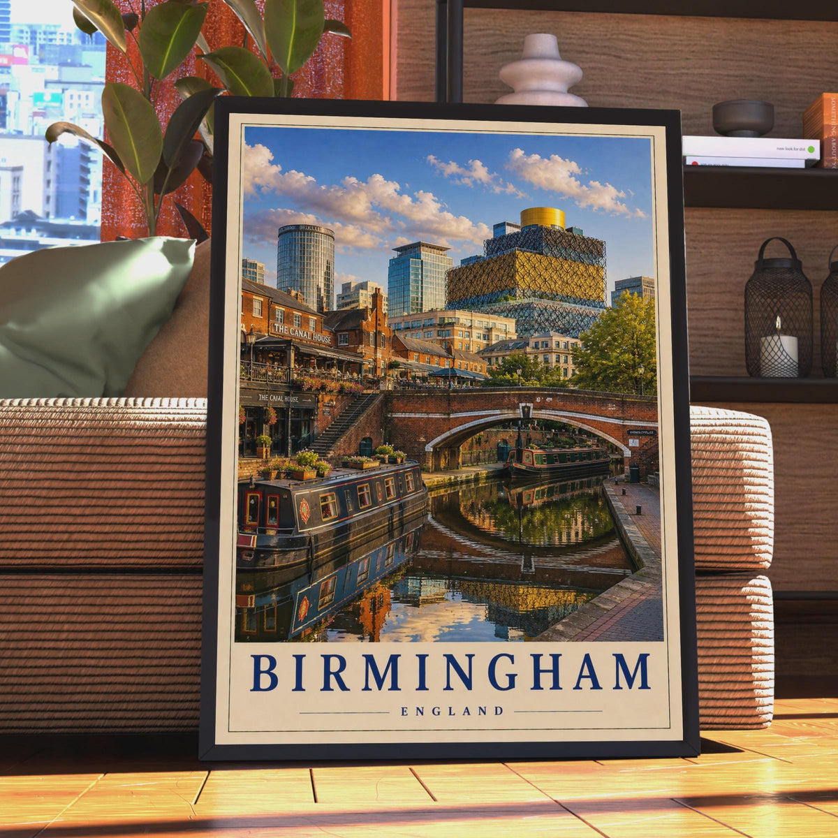 Birmingham England Travel Poster, Canal Quarter Narrowboat, Library of Birmingham (Print)