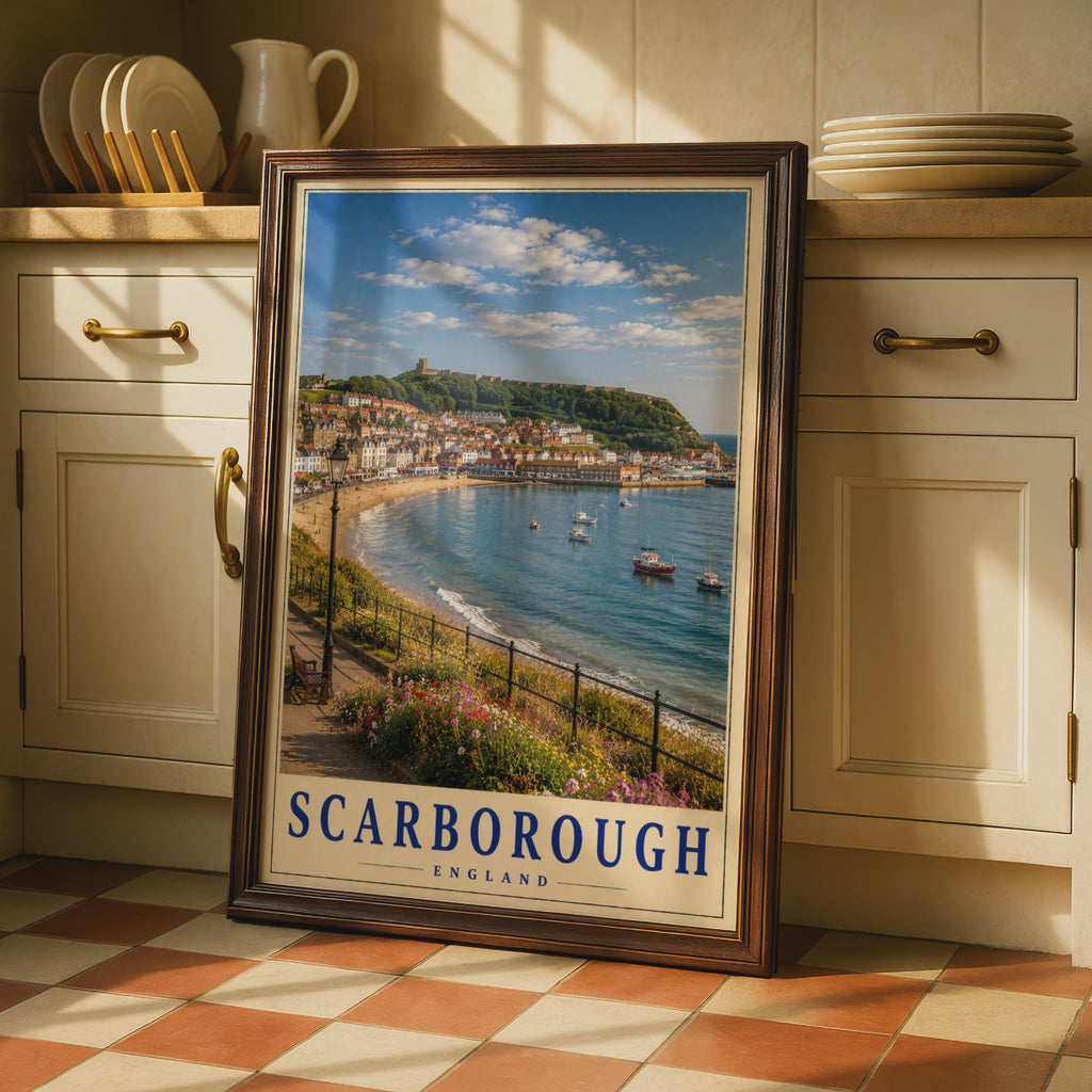 Scarborough England Travel Poster, Yorkshire Coast, Castle Bay Seaside Print (Physical)