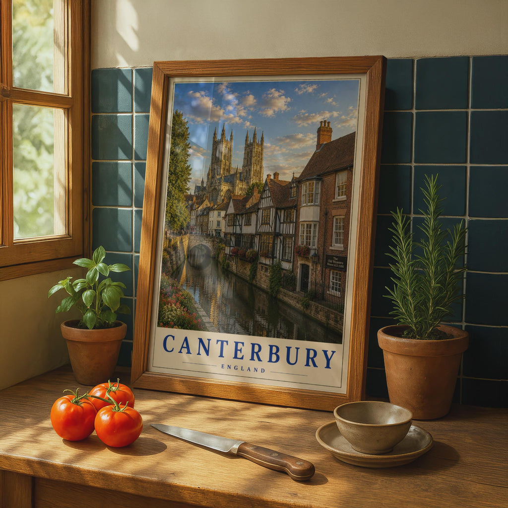 Canterbury England Travel Poster, Cathedral River View, Tudor Buildings, Old Weavers House (Wall Art)