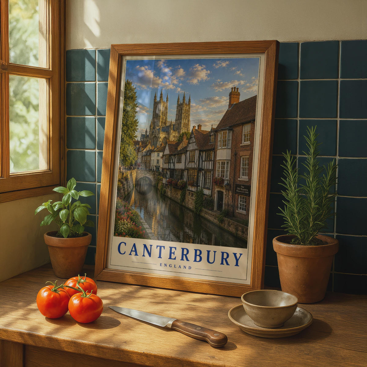 Canterbury England Travel Poster, Cathedral River View, Tudor Buildings, Old Weavers House (Wall Art)