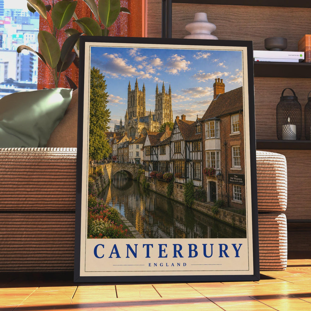 Canterbury England Travel Poster, Cathedral River View, Tudor Buildings, Old Weavers House (Wall Art)