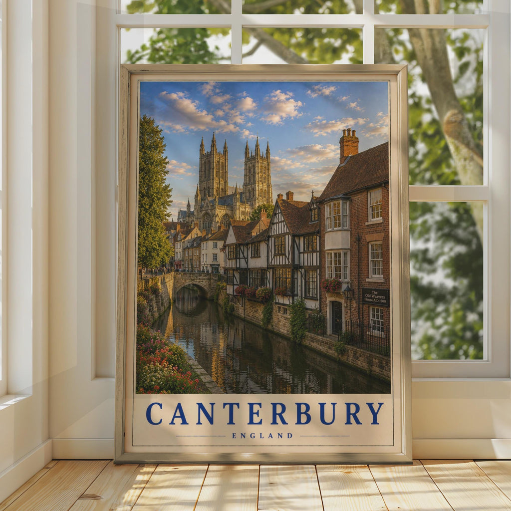 Canterbury England Travel Poster, Cathedral River View, Tudor Buildings, Old Weavers House (Wall Art)