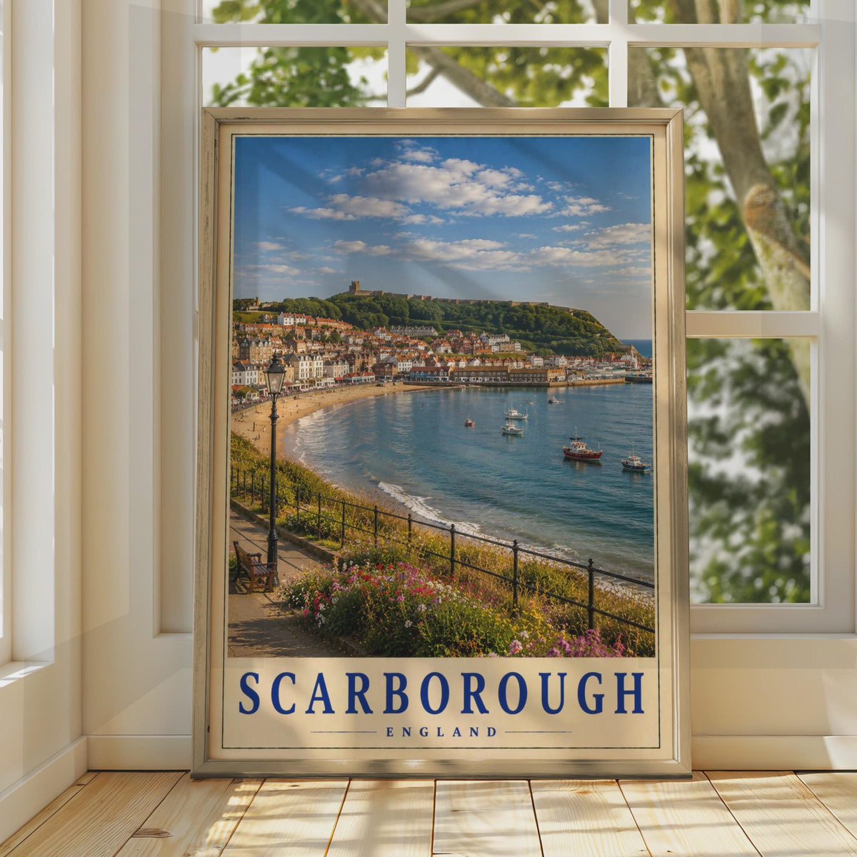 Scarborough England Travel Poster, Yorkshire Coast, Castle Bay Seaside Print (Physical)