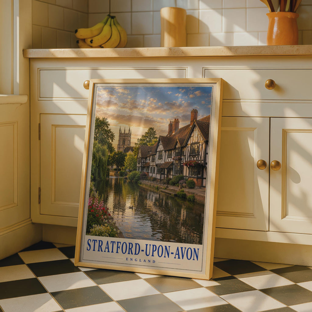 Stratford-upon-Avon Travel Poster, Tudor River Avon Scene, English Countryside Wall Art