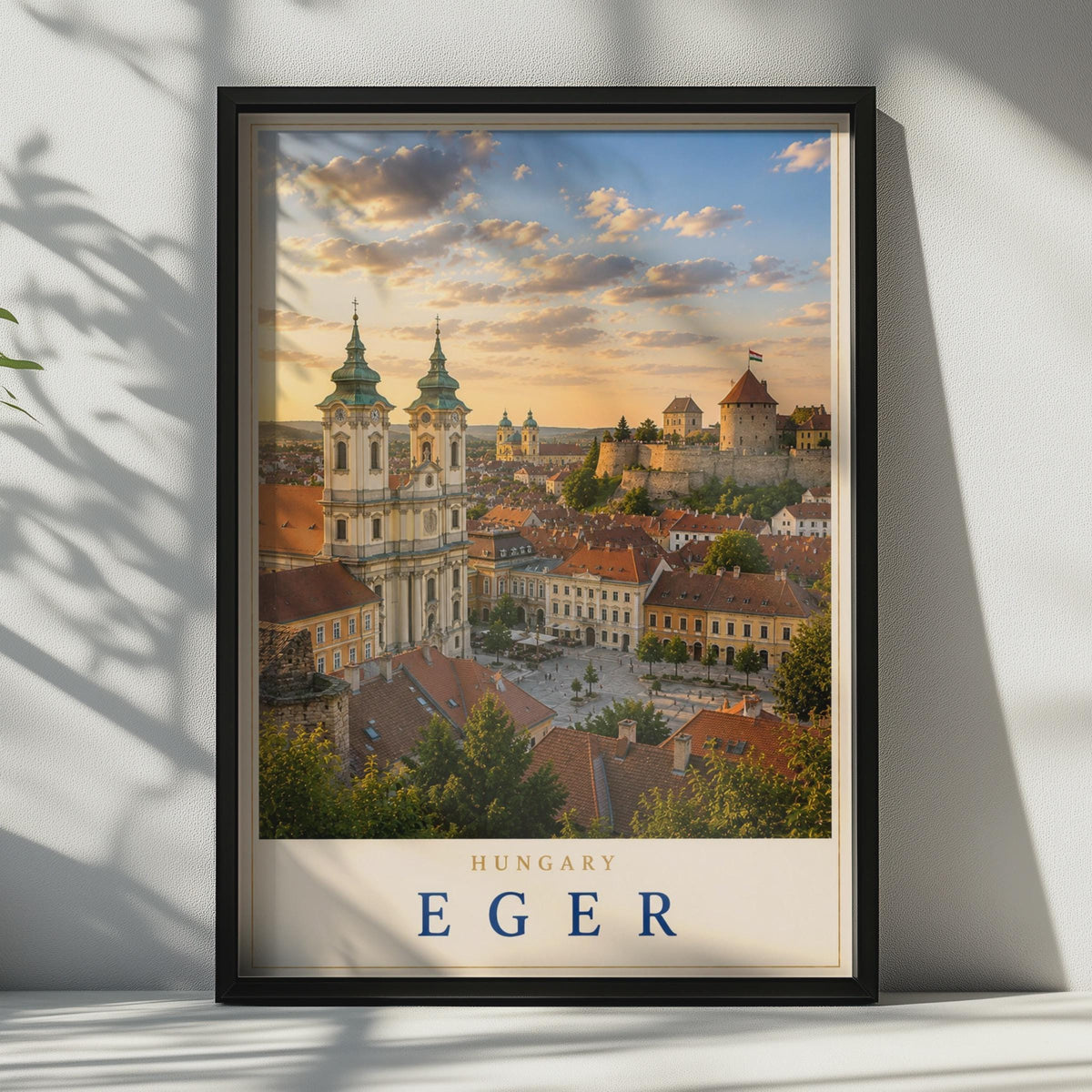 Eger Hungary Travel Poster, Baroque Basilica Castle Skyline, European Architecture Print