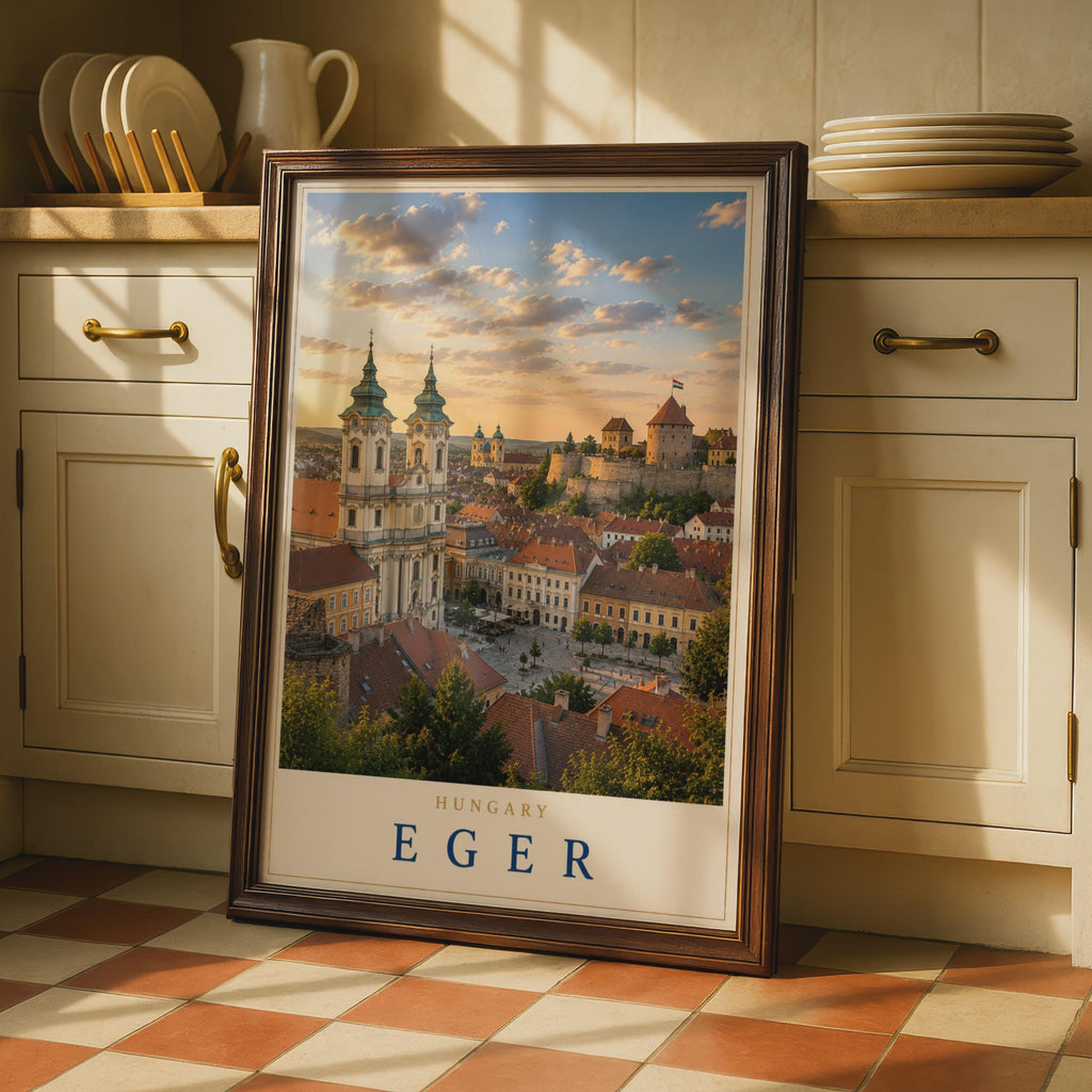 Eger Hungary Travel Poster, Baroque Basilica Castle Skyline, European Architecture Print