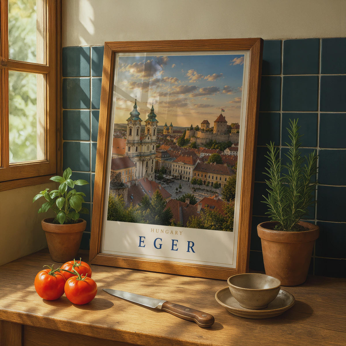 Eger Hungary Travel Poster, Baroque Basilica Castle Skyline, European Architecture Print