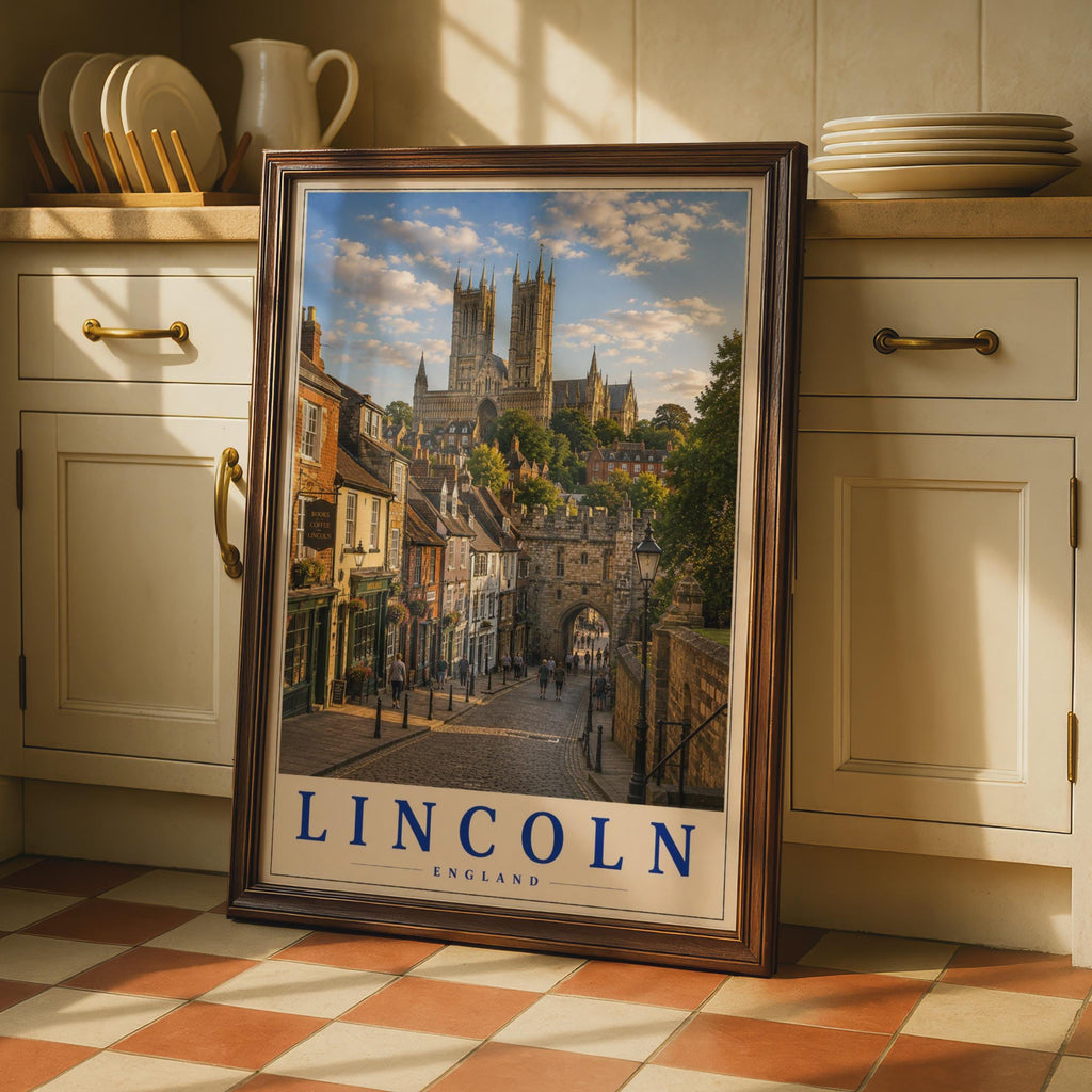 Lincoln Cathedral Travel Poster, Steep Hill Cobblestone Street, Vintage UK City Art (Print)
