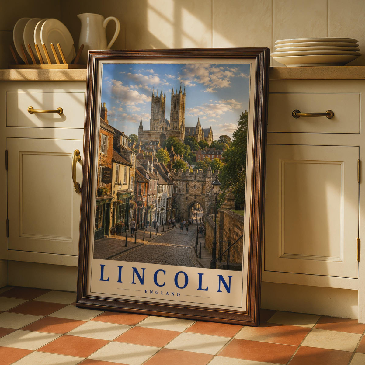 Lincoln Cathedral Travel Poster, Steep Hill Cobblestone Street, Vintage UK City Art (Print)