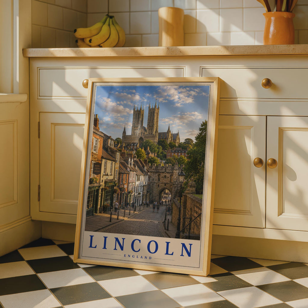 Lincoln Cathedral Travel Poster, Steep Hill Cobblestone Street, Vintage UK City Art (Print)