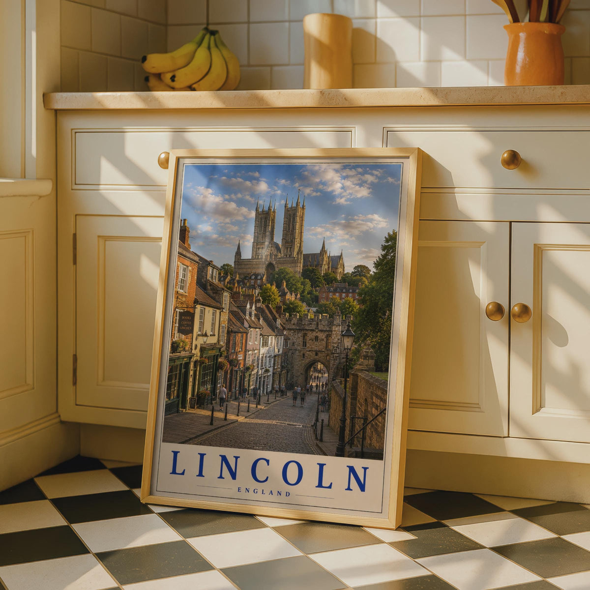Lincoln Cathedral Travel Poster, Steep Hill Cobblestone Street, Vintage UK City Art (Print)