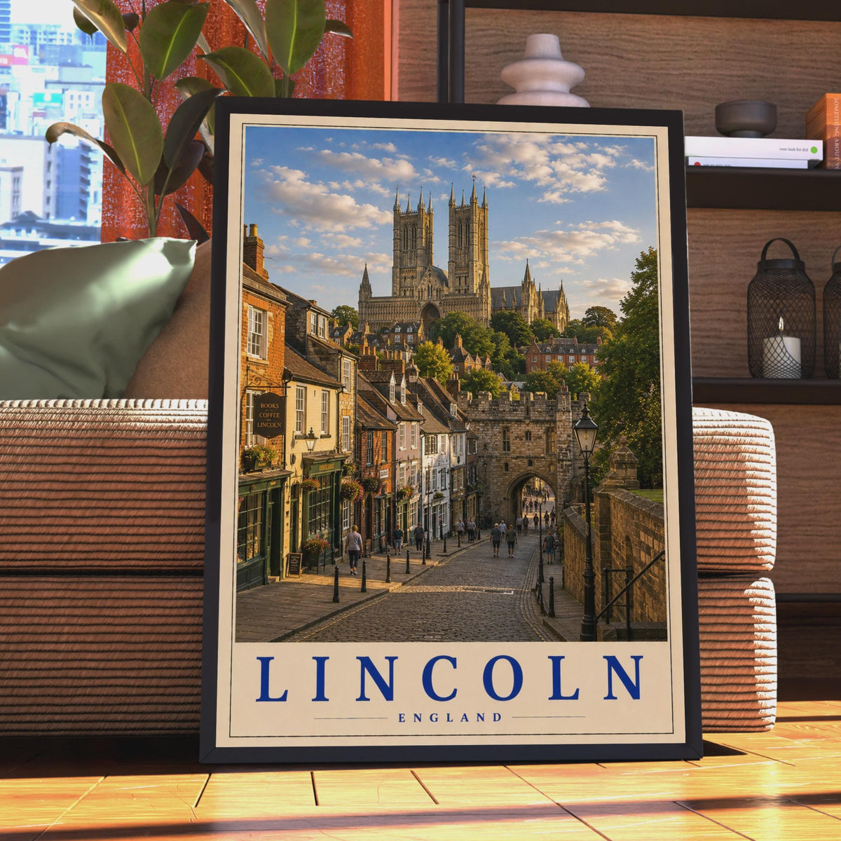 Lincoln Cathedral Travel Poster, Steep Hill Cobblestone Street, Vintage UK City Art (Print)