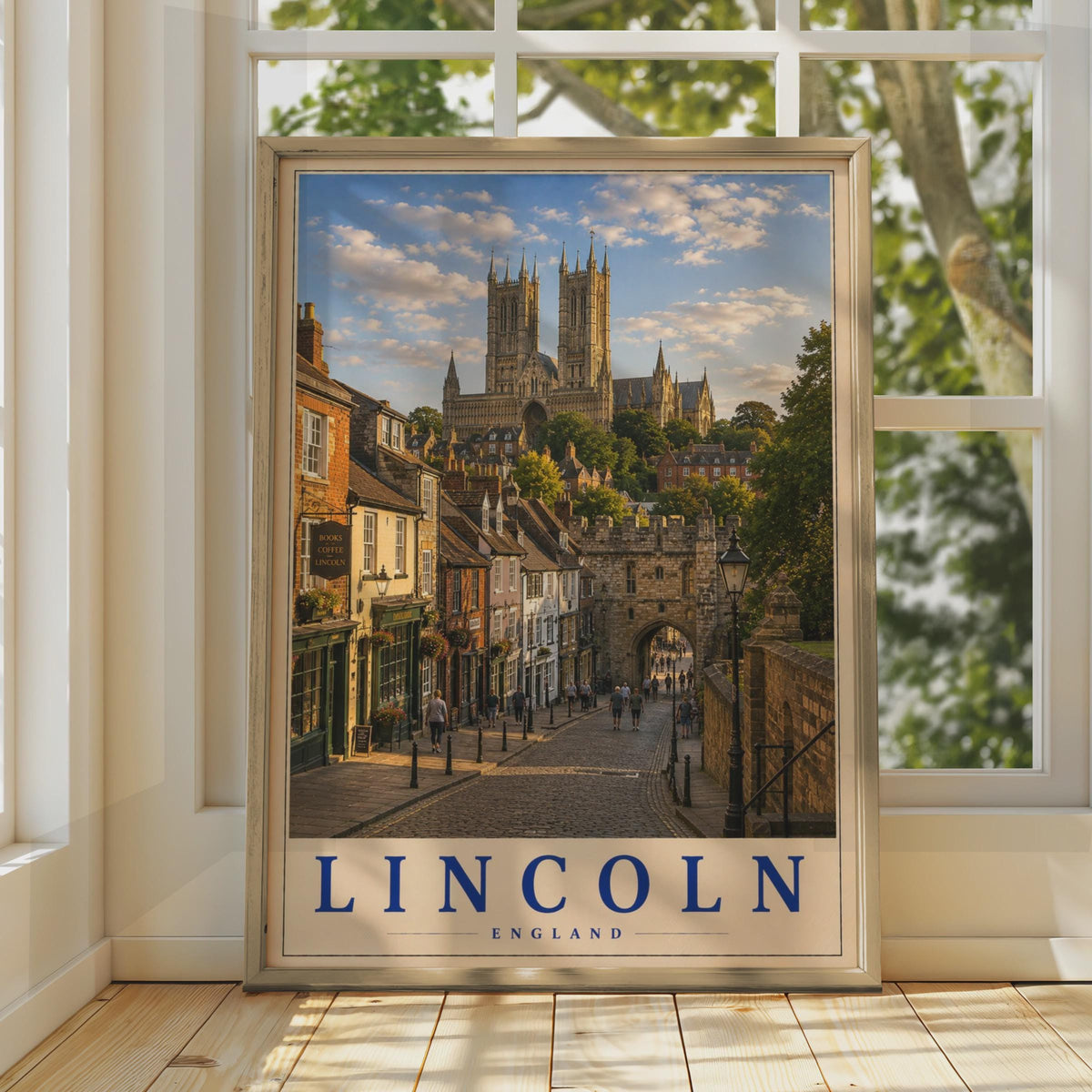 Lincoln Cathedral Travel Poster, Steep Hill Cobblestone Street, Vintage UK City Art (Print)
