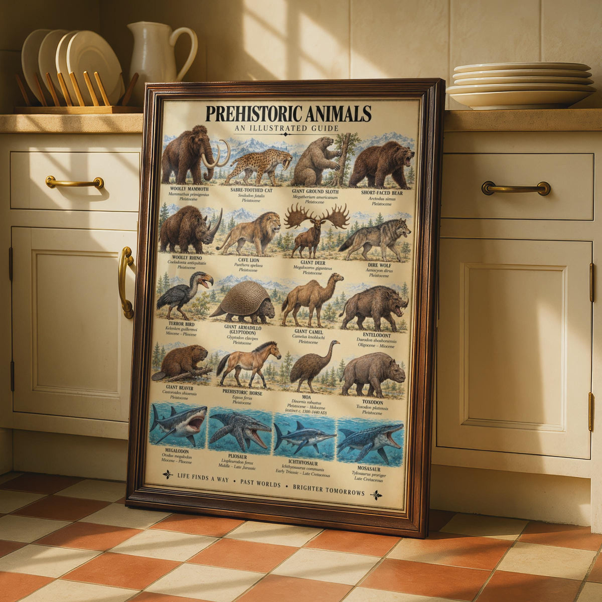 Prehistoric Animals Illustrated Guide Poster, Extinct Species Chart (Science Room Decor)
