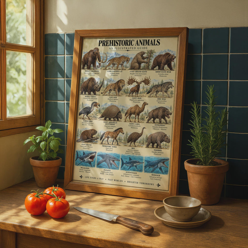 Prehistoric Animals Illustrated Guide Poster, Extinct Species Chart (Science Room Decor)