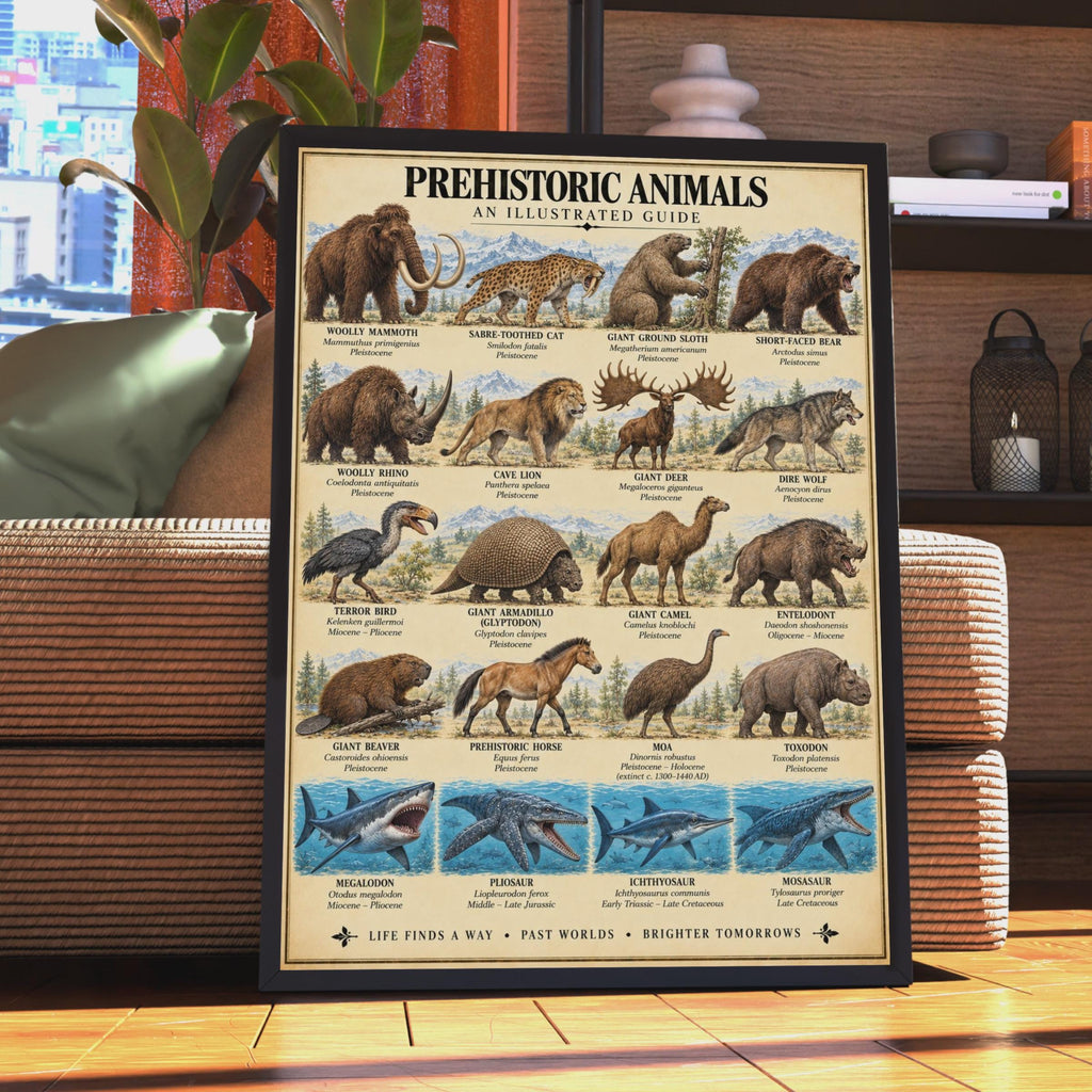Prehistoric Animals Illustrated Guide Poster, Extinct Species Chart (Science Room Decor)