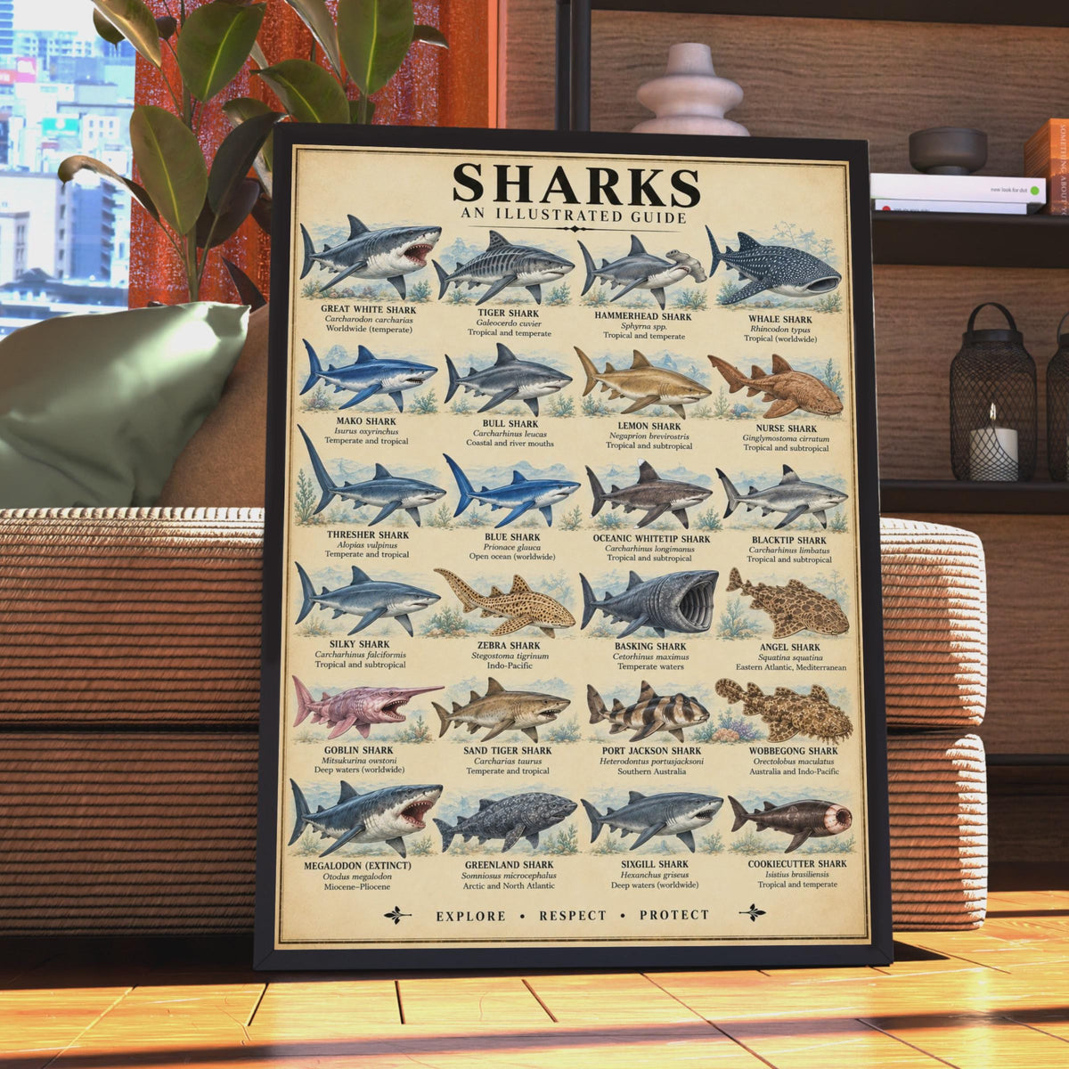 Sharks Illustrated Guide Poster, 24 Species Chart, Vintage Style Wall Art